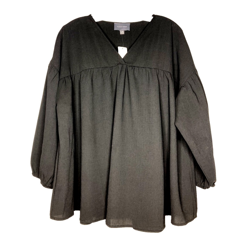 HUDSON GRAY Blouse Women Medium Black Flowy V-Neck Balloon Sleeve Elastic Wrist